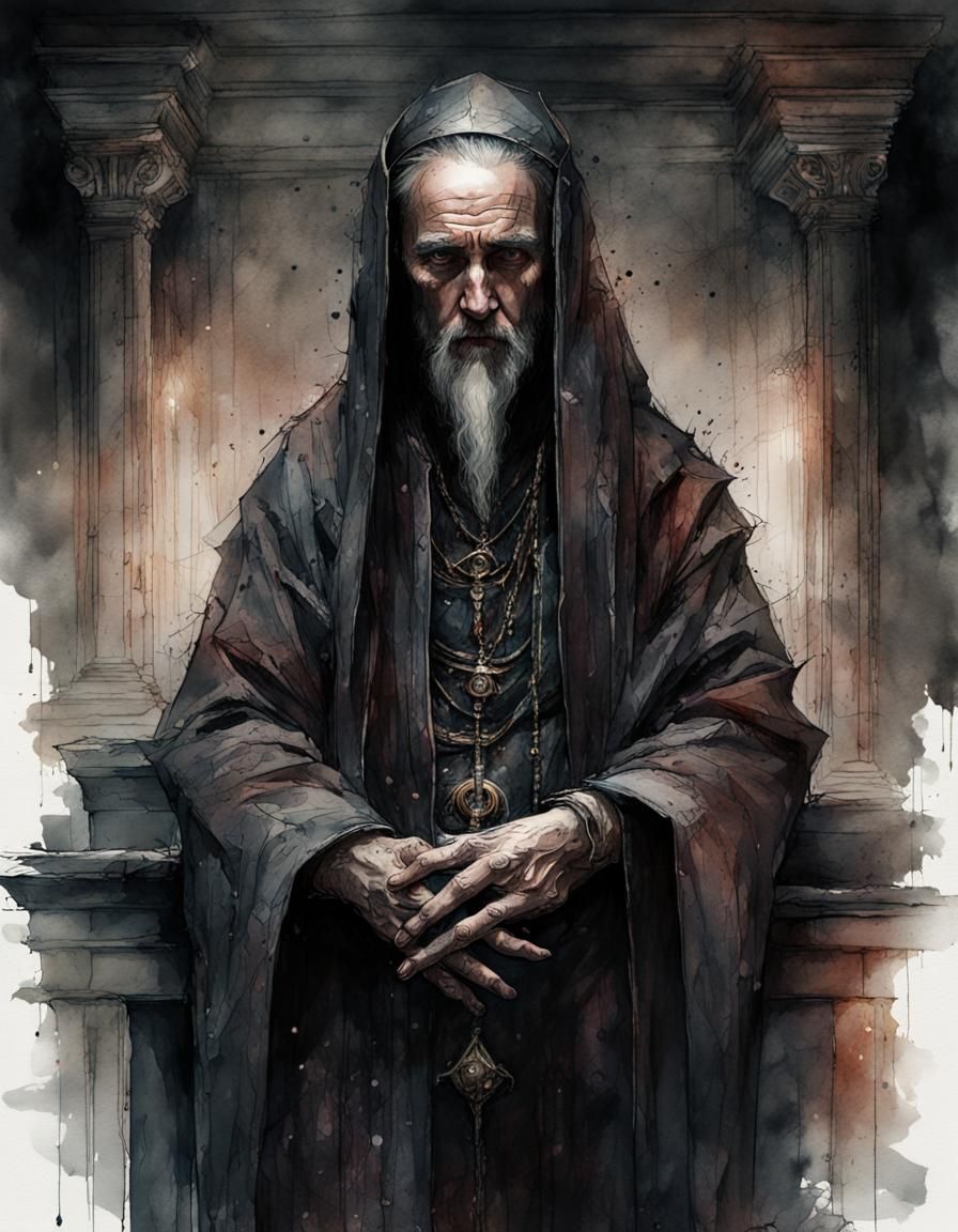 Dark Priest in Digital Watercolor Illustration
