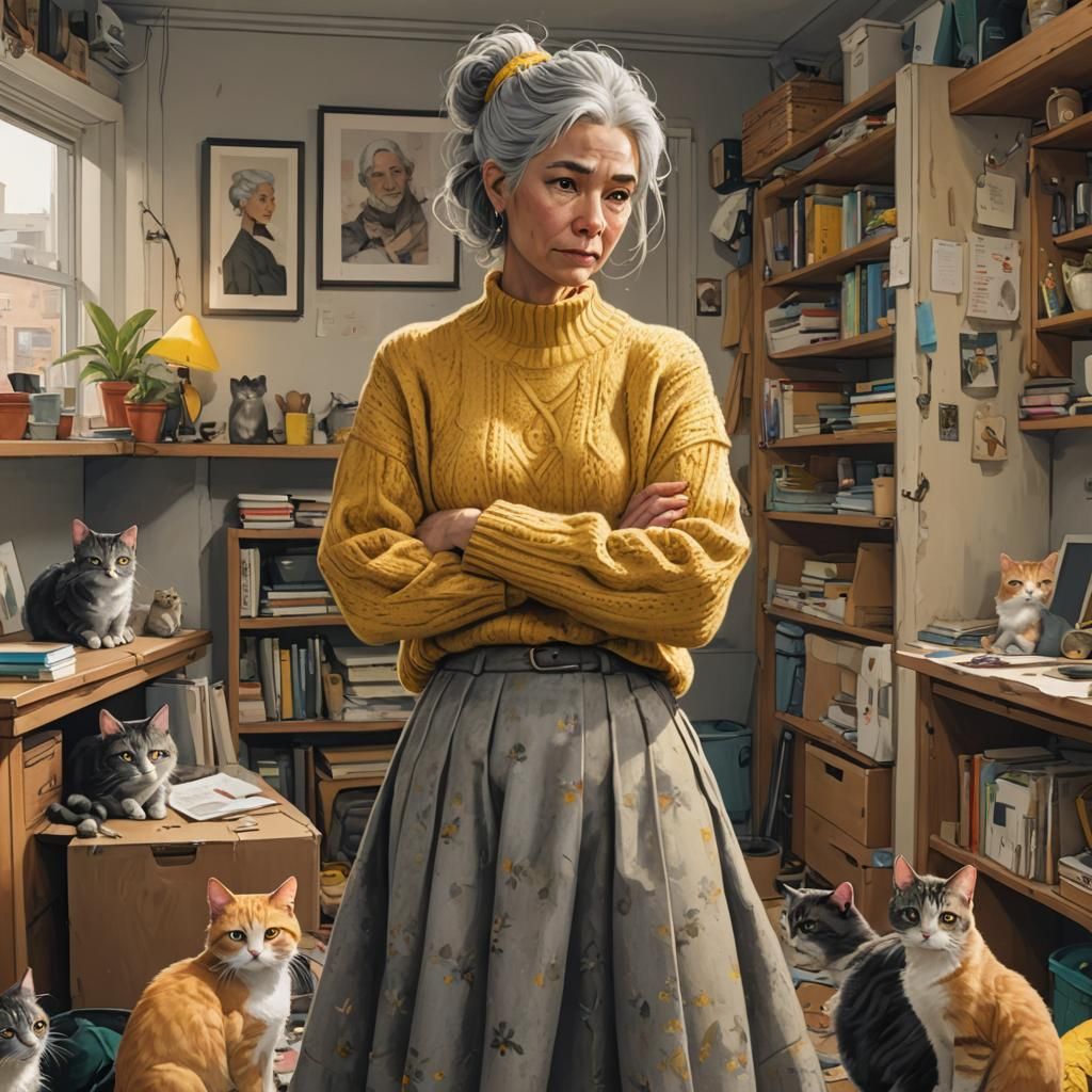 Stout Woman with Cats in Cluttered Apartment
