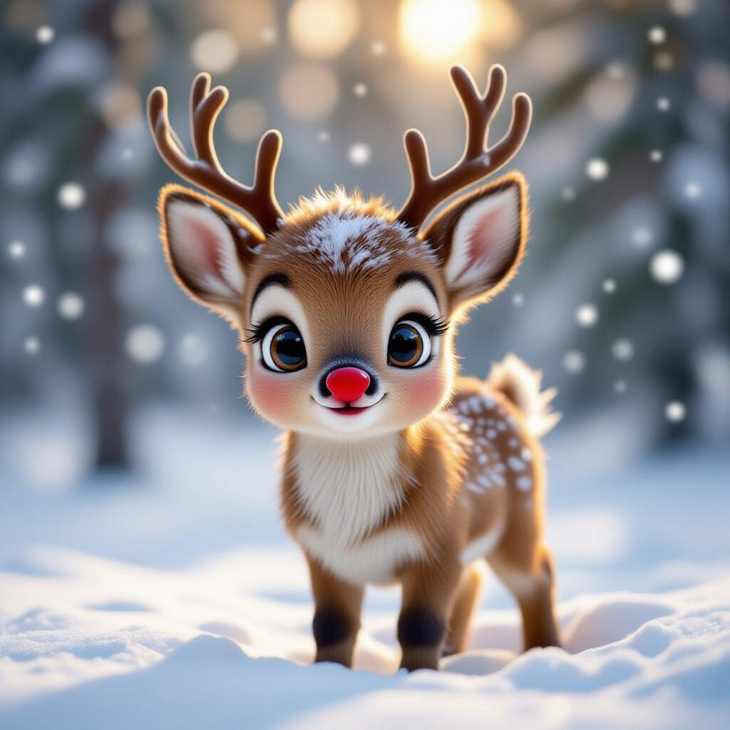 Photorealistic Baby Reindeer With Cartoon Eyes in Golden Hou...