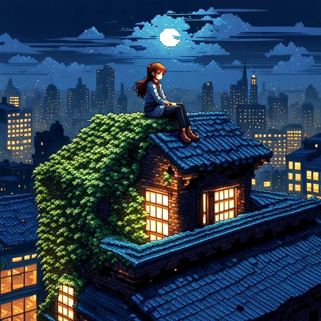 Pixel Art Cityscape at Night in 16-bit Style