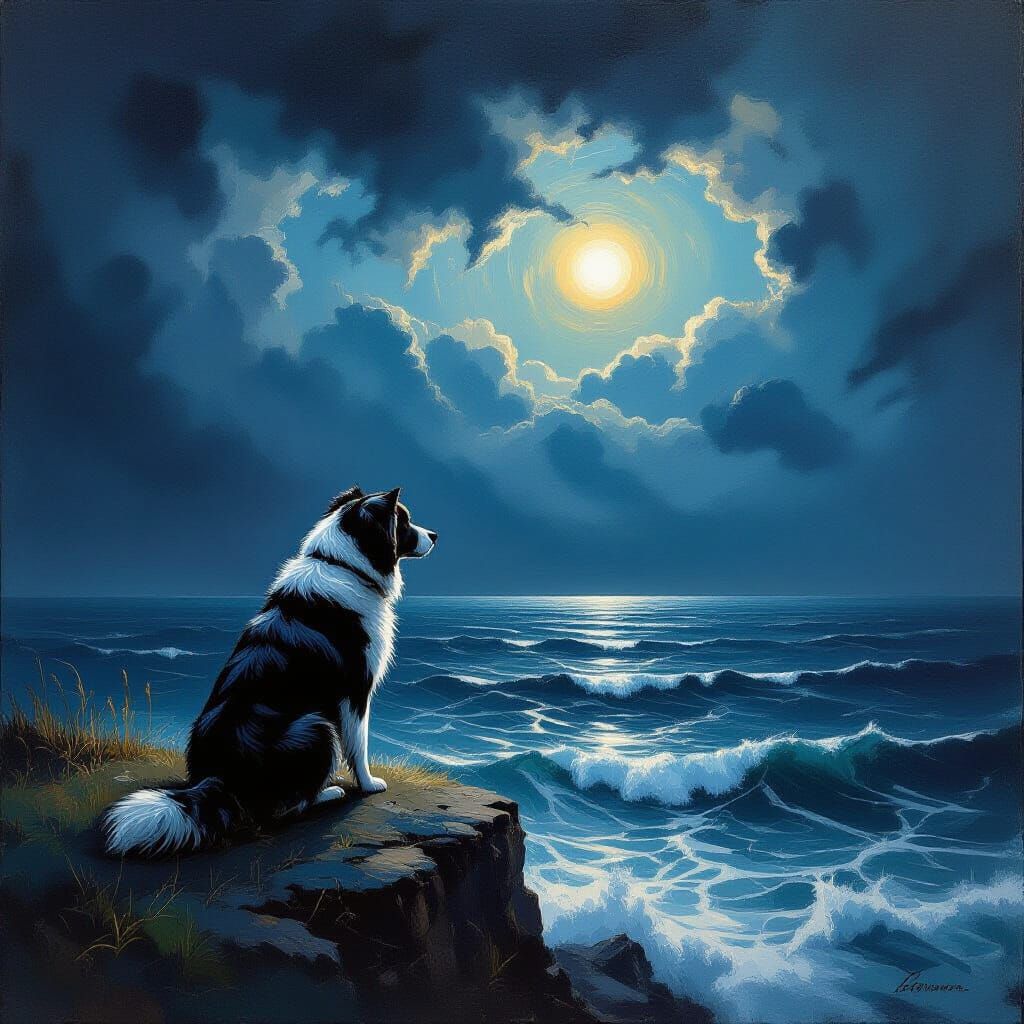 Weathered Dog on Cliff Overlooking Starlit Ocean