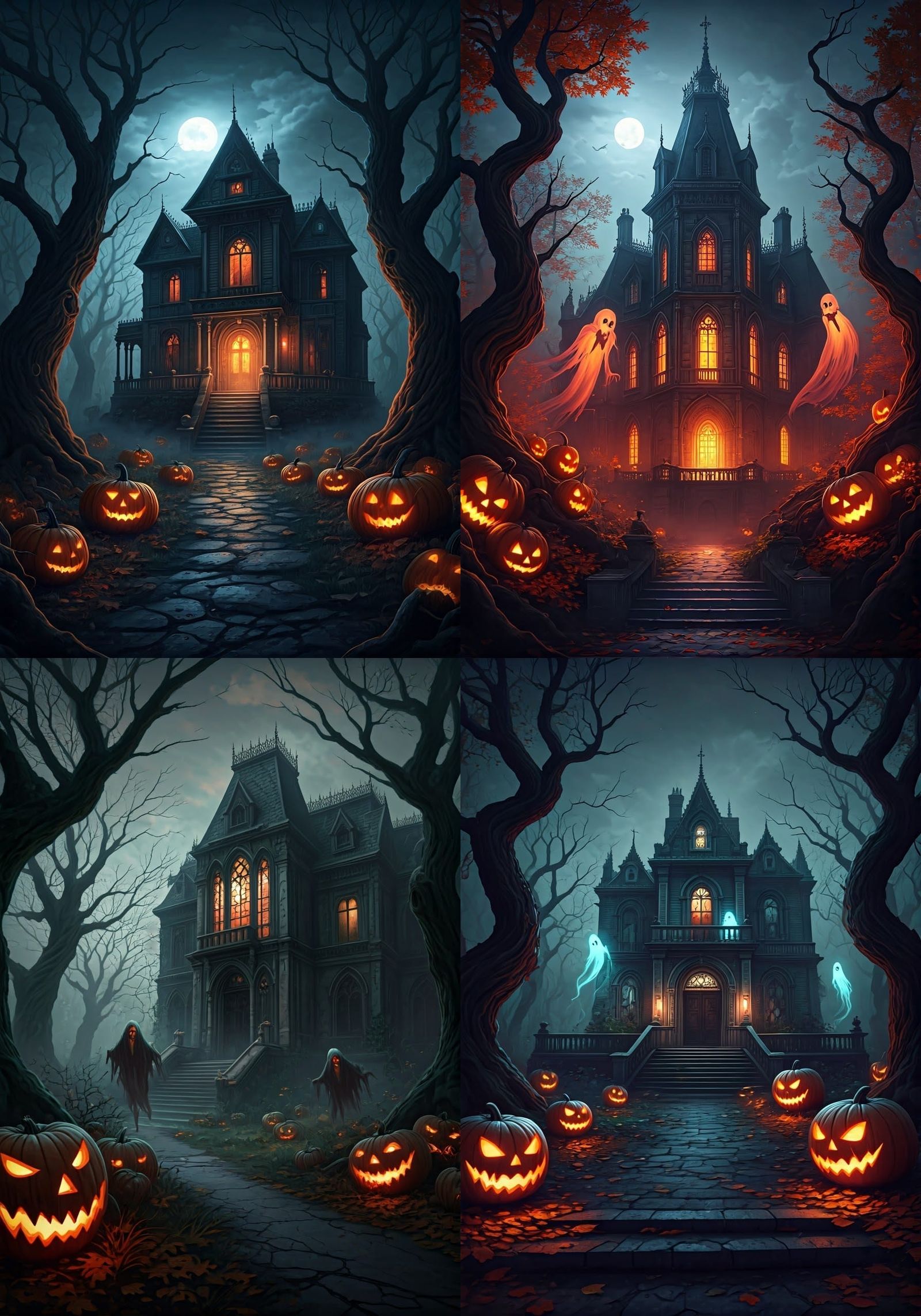 Haunted Gothic House with Ghosts and Pumpkins