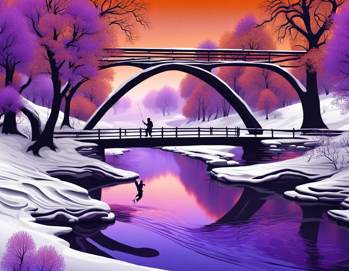 Prehistoric Fisherman in Winter River Scene