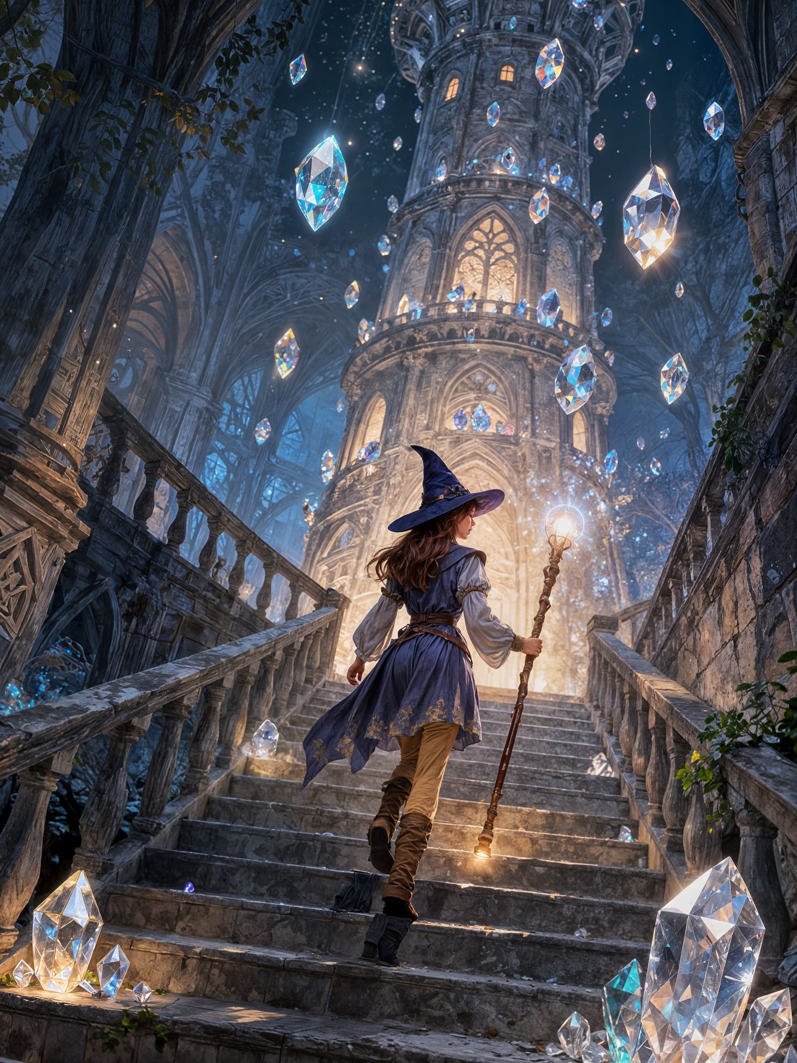 Wizard Ascends Crystal Tower in Detailed Illustration Style