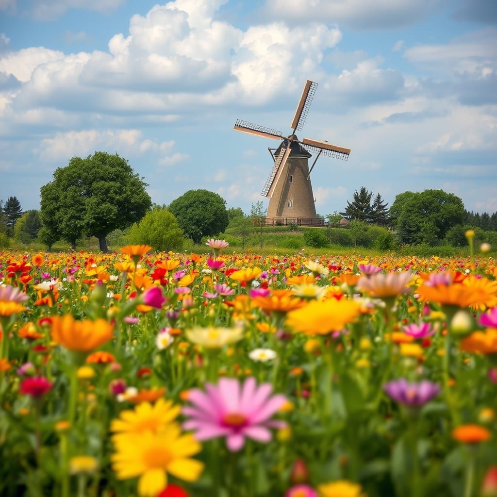 Windmill Overlooking a Vibrant Flower Field