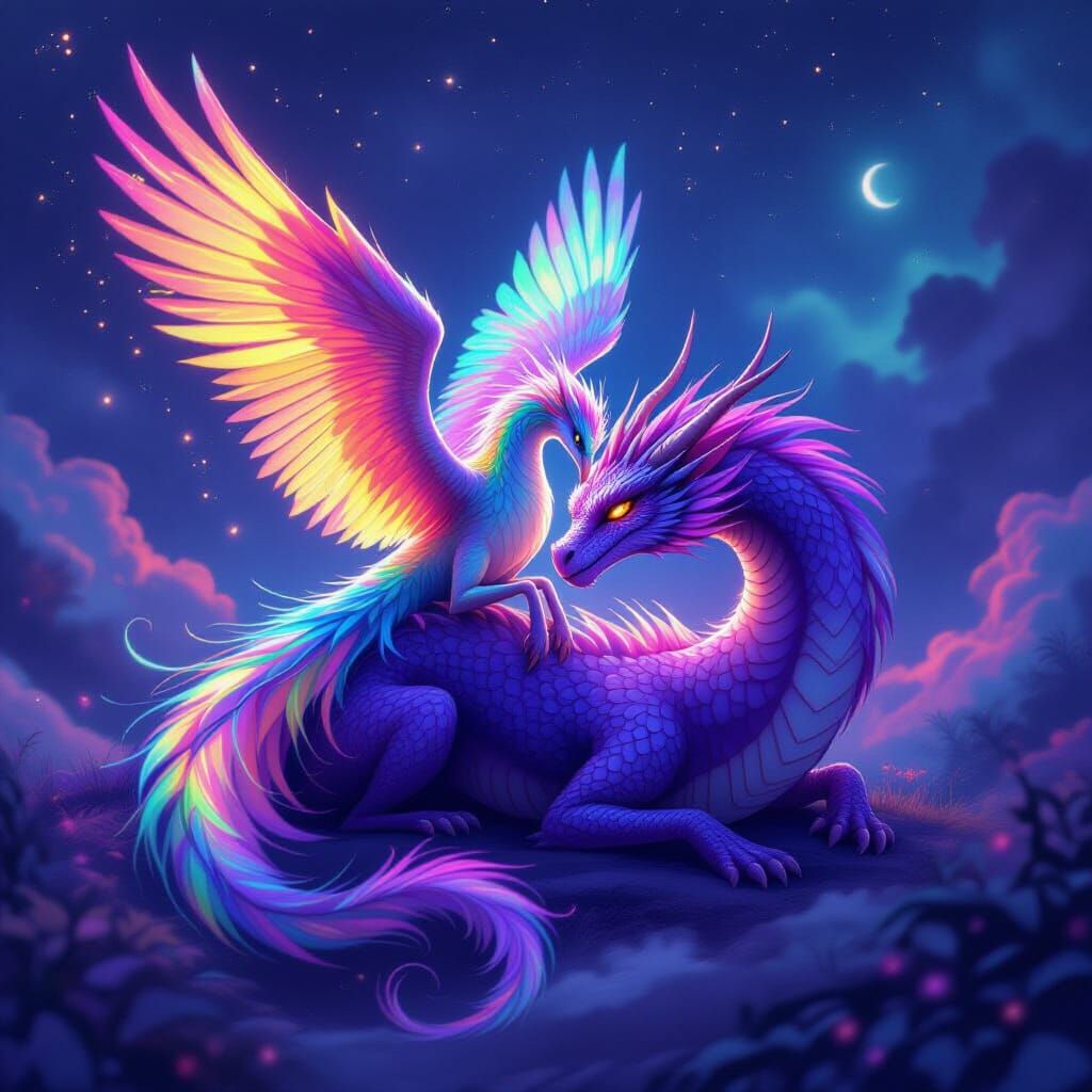 Rainbow Phoenix and Dragon Dreamscape in Ethereal Style
