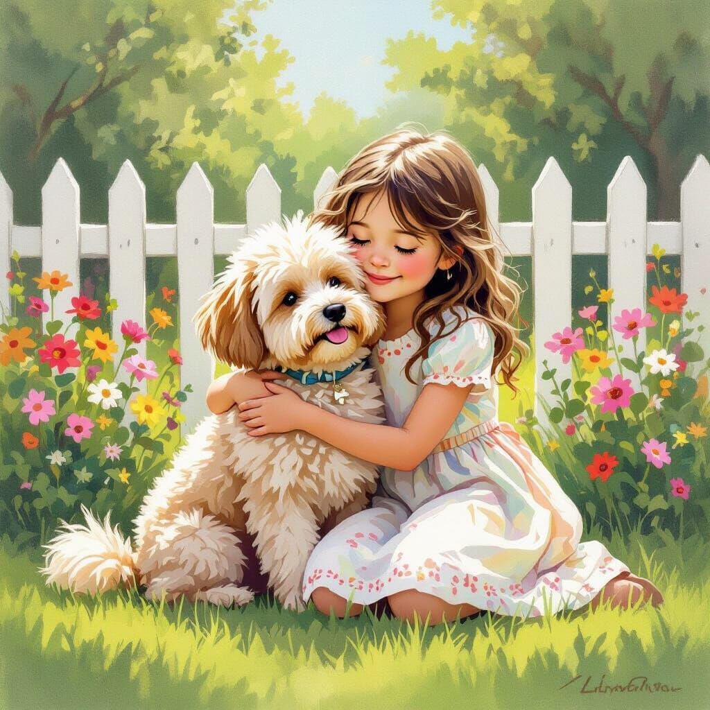 Girl Hugging Dog in Lush Garden, Illustrated Style