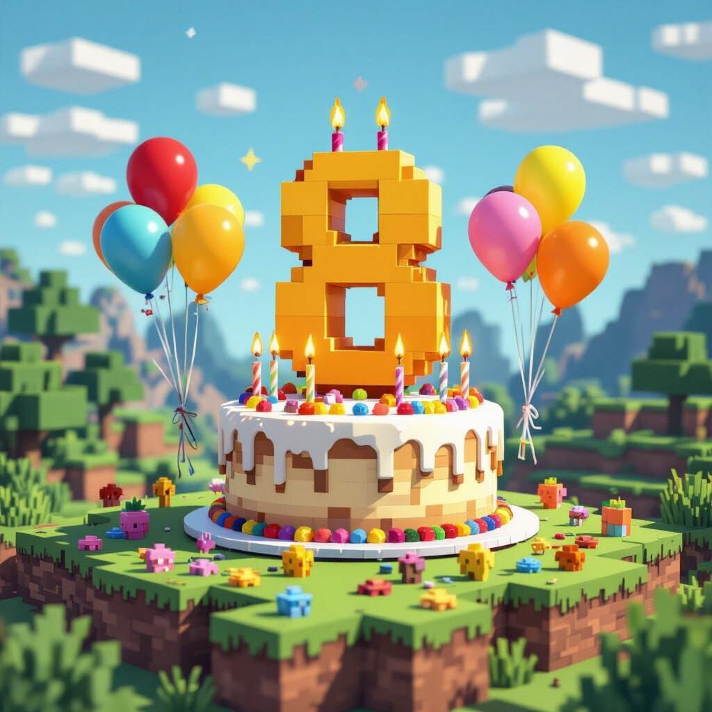 Minecraft Birthday Landscape with Cake and Balloons