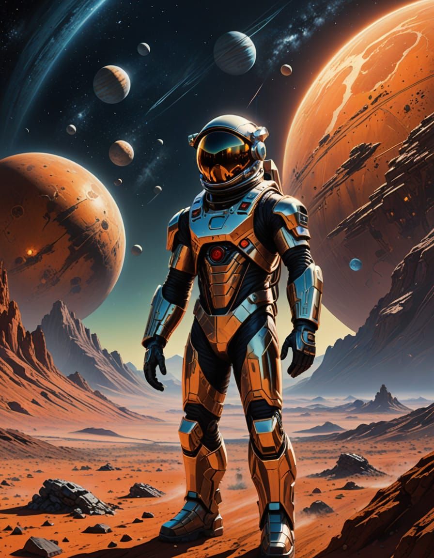 Heroic Astronaut Rises on Alien Landscape in Futuristic Spac...