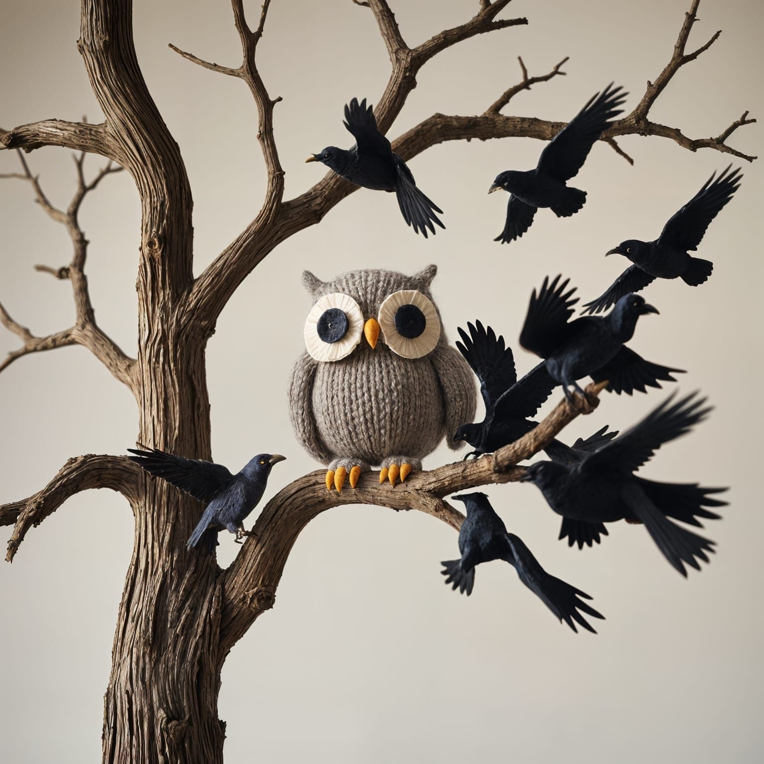 Knit Owl Assailed by Origami Crows 2