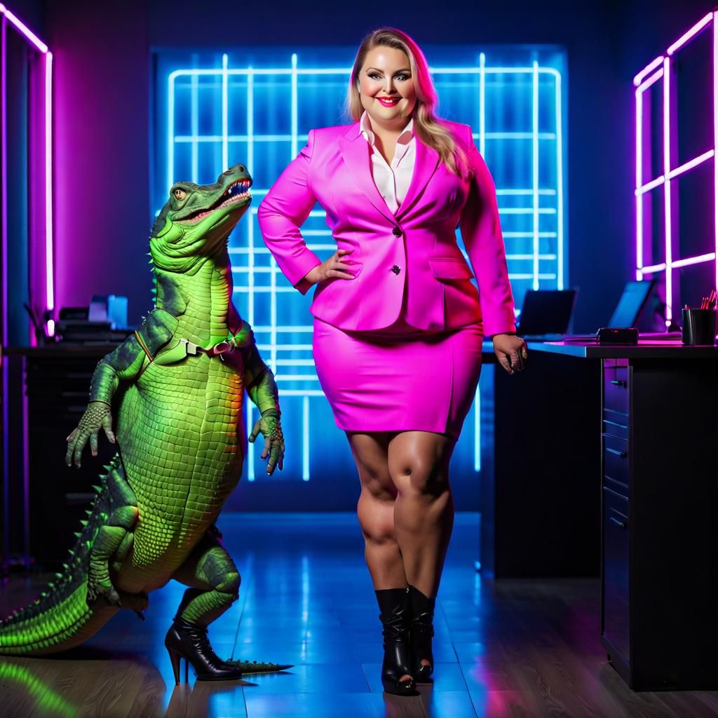 Neon Businesswoman with Glowing Alligator