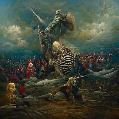 Giant Skeleton vs Vikings: Horror Oil Painting
