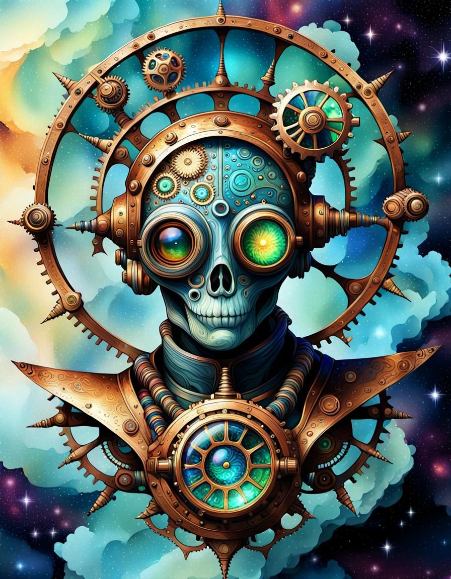 Steampunk Alien in Cosmic Watercolor Fantasy