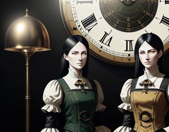 Steampunk Twins in Time Machine: Dark Fantasy Art