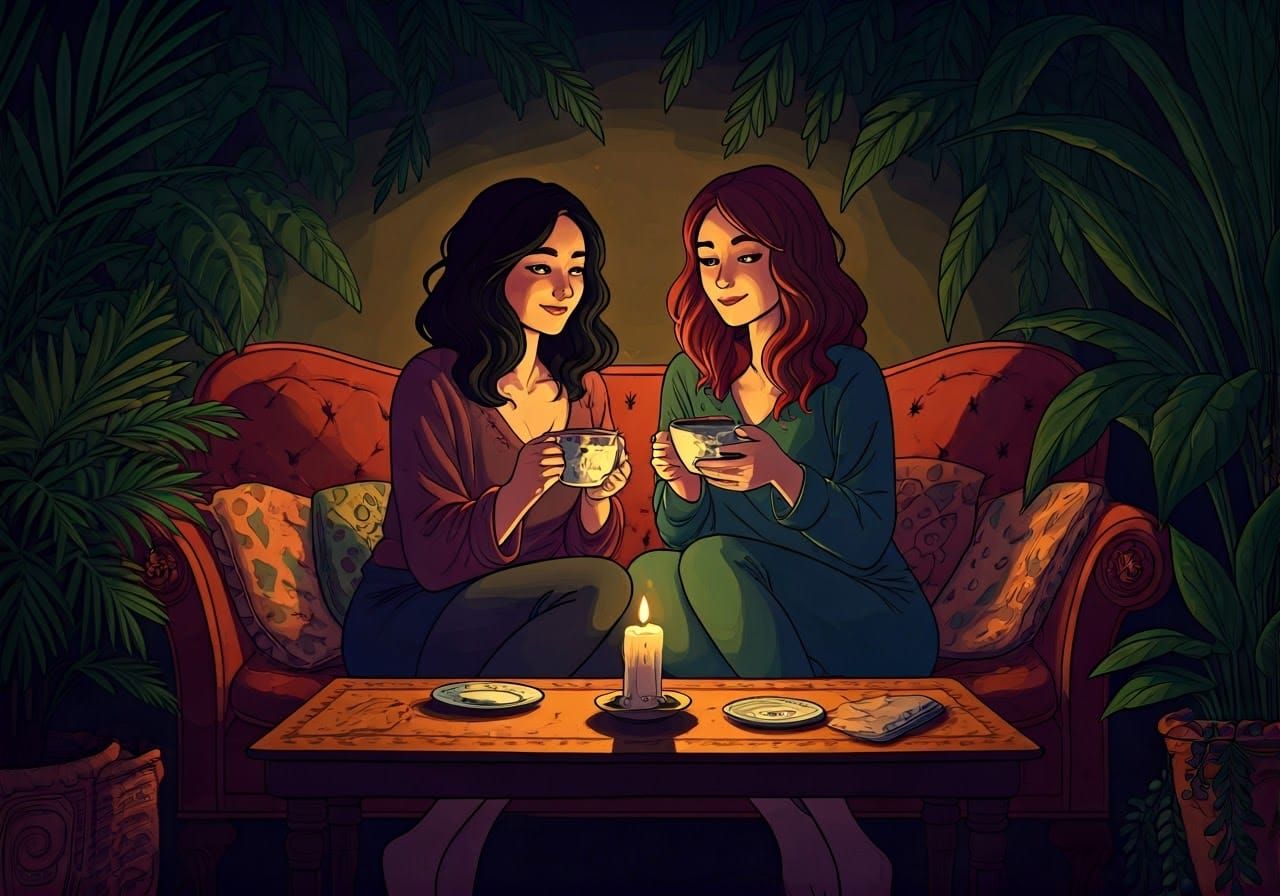 Girlfriends in Bohemian Den: Illustration in Digital Paintin...