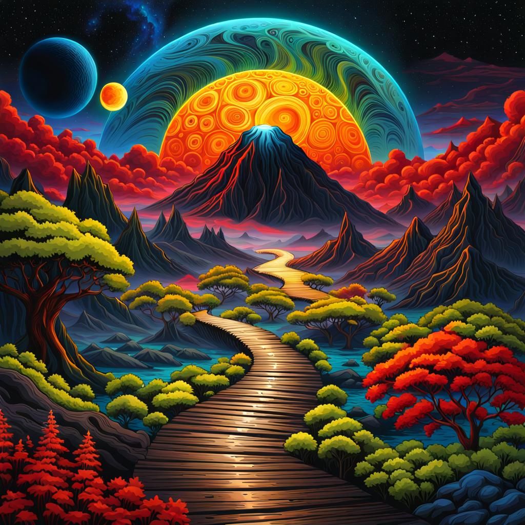 Alien Landscape with Black Moon and Green Lava