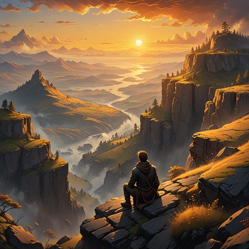 Lone Figure Watches Dramatic Sunrise from Cliff Edge