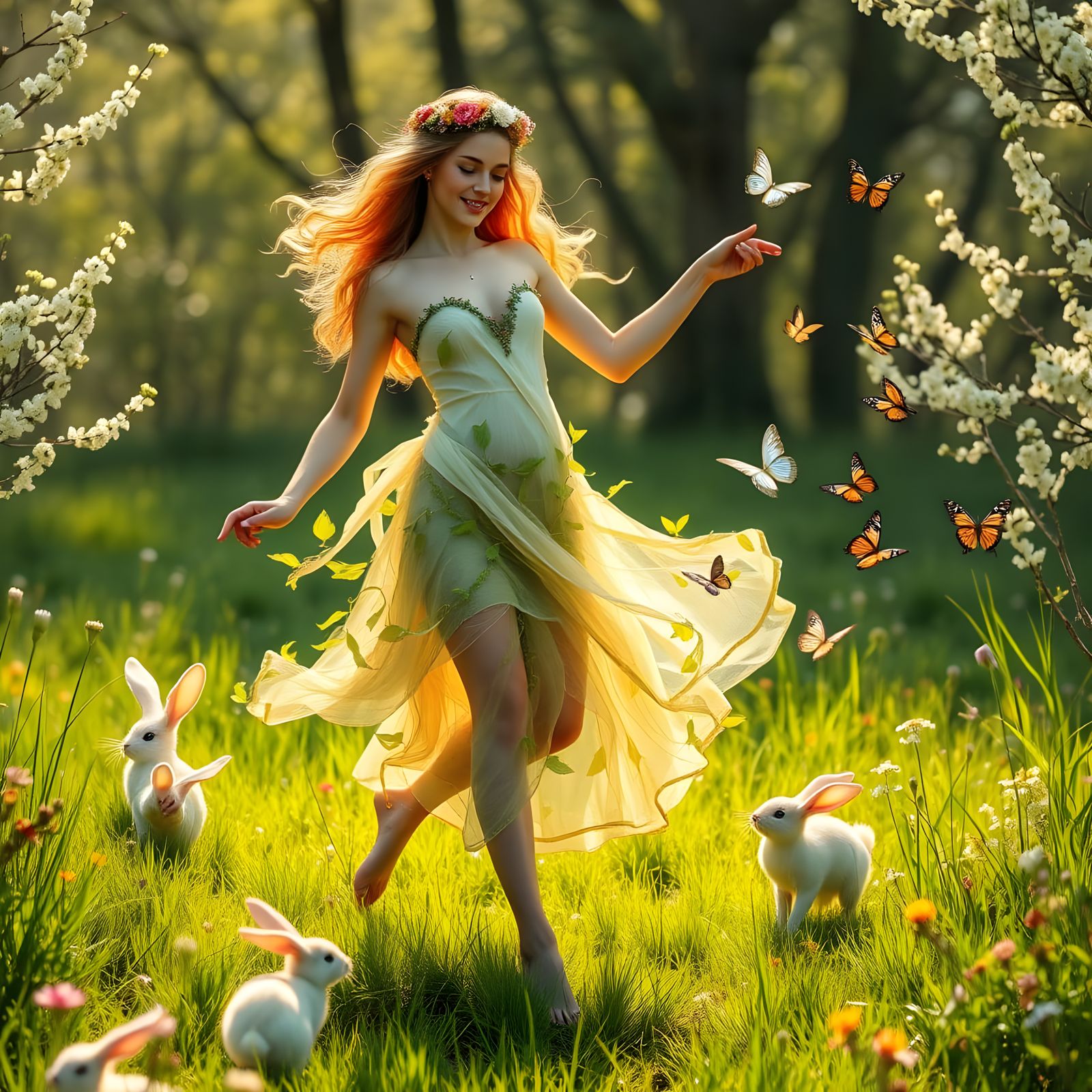 Goddess of Spring Blooms in a Vibrant Meadow Scene