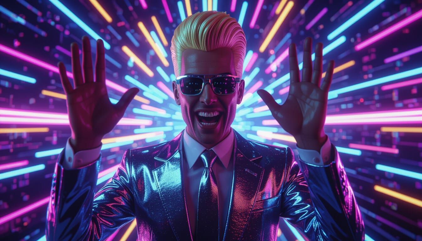 80s Cyberpunk Man in Silver Vinyl Suit with Pompadour