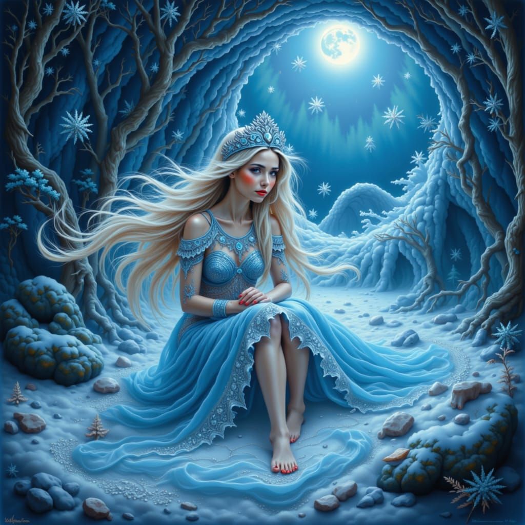 Siberian Princess on Ice Throne in Slavic Folk Art