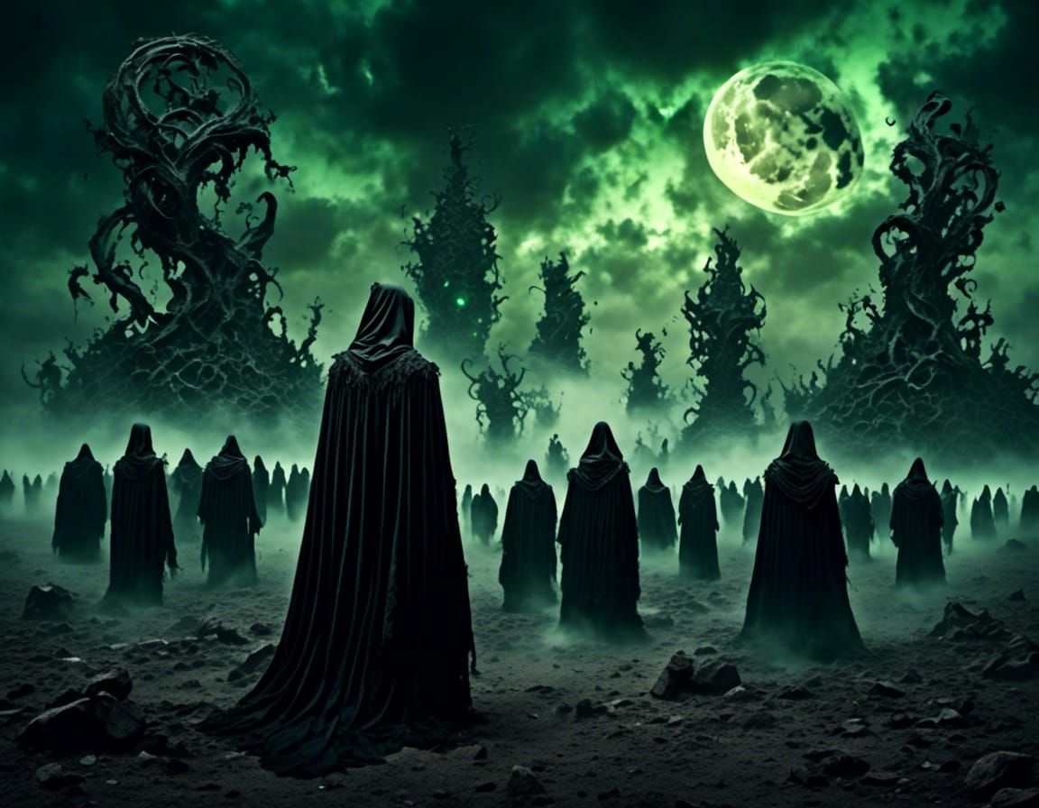Macabre Procession: Dark Robed Figures in Barren Land