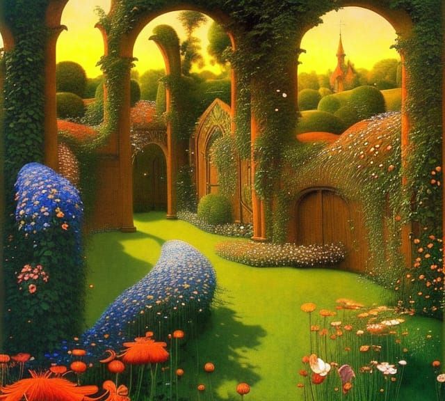 Sunrise Garden with Gothic Archways in Art Nouveau Style