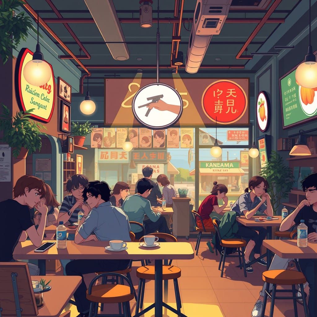 Vibrant Cafe Scene in Flat Manga Style with Cel-Shaded Aesth...
