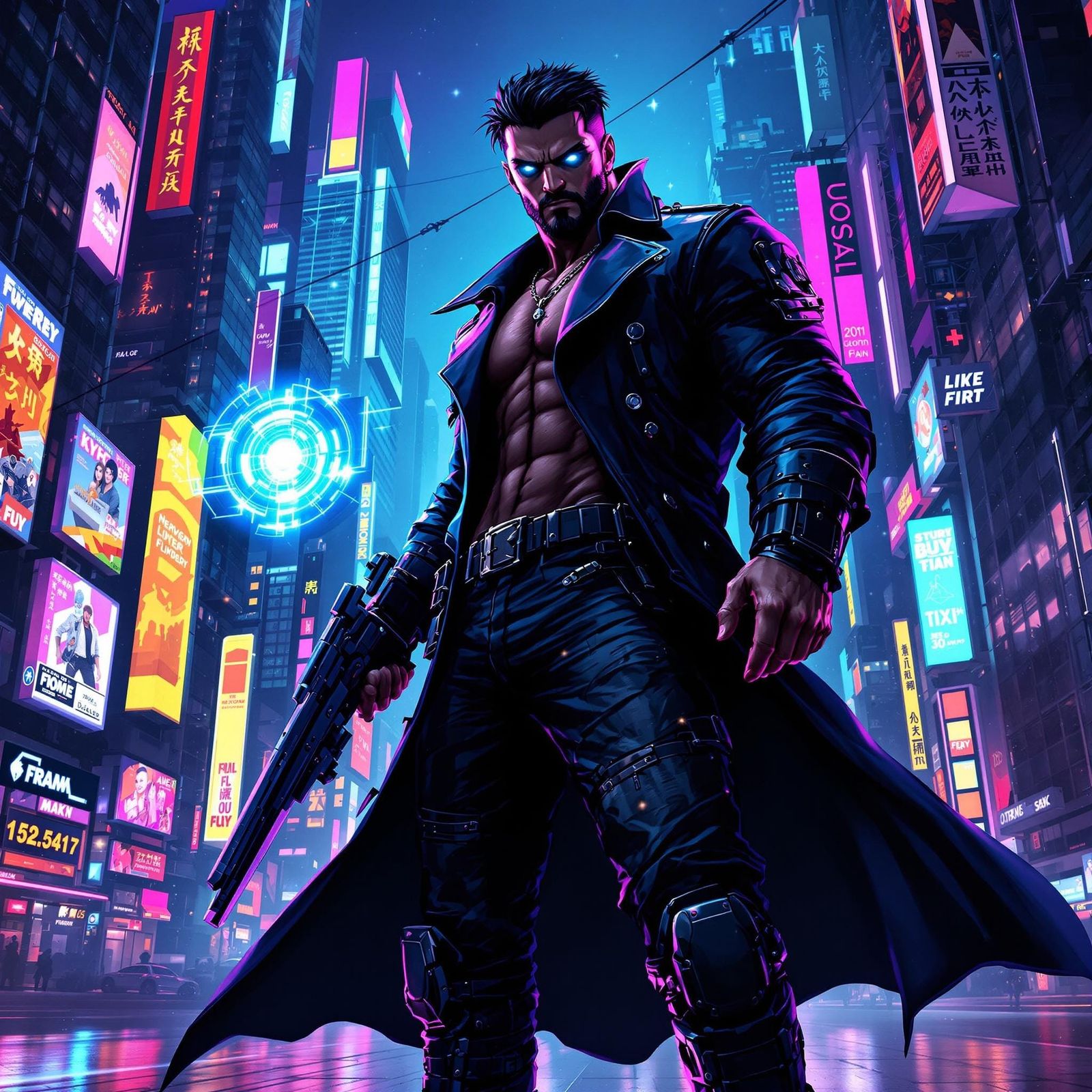 Cyberpunk Bounty Hunter in Neon Dystopian City