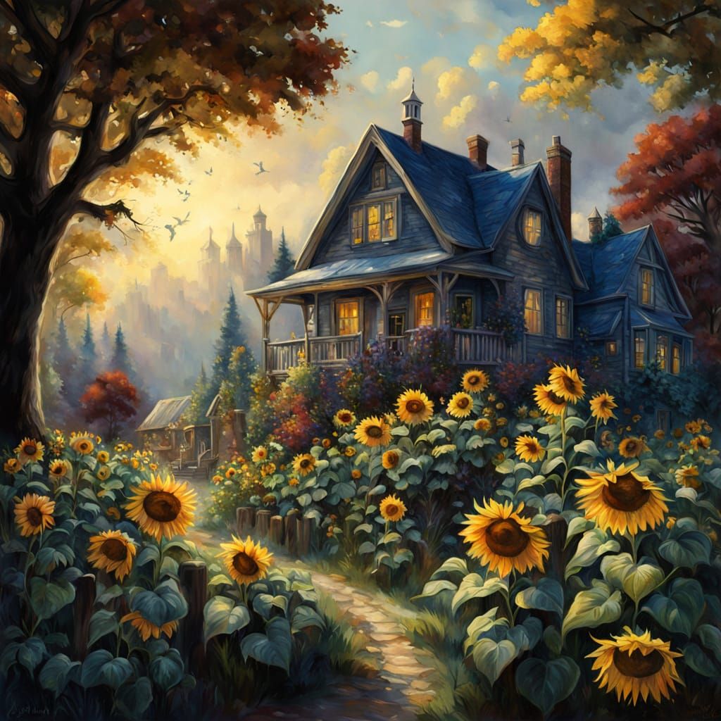 Sunflower Field: Hyperdetailed Charcoal Drawing in Gouache S...