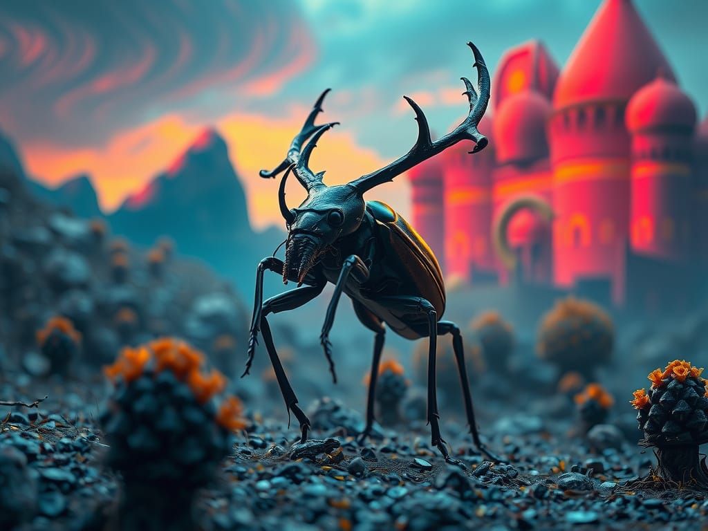 Surreal Beetle Creature in Dreamlike Landscape