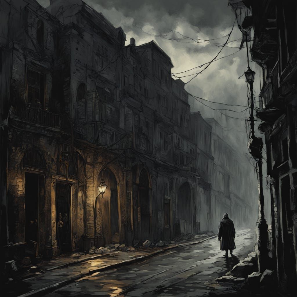 Gothic Alleyway During Storm in Gustave Doré Style