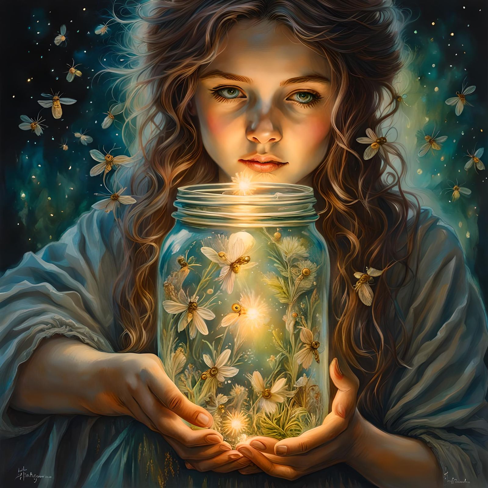 Girl with Fireflies: Ink and Watercolor Illustration