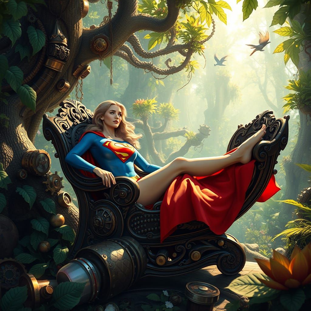Supergirl Relaxing in a Steampunk Forest