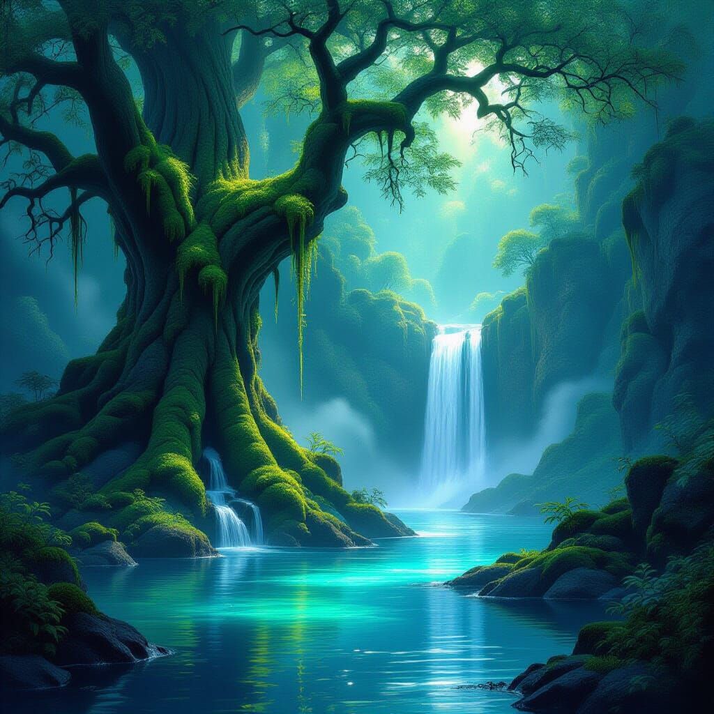 Ethereal Forest Waterfall with Glowing Moss and Bioluminesce...