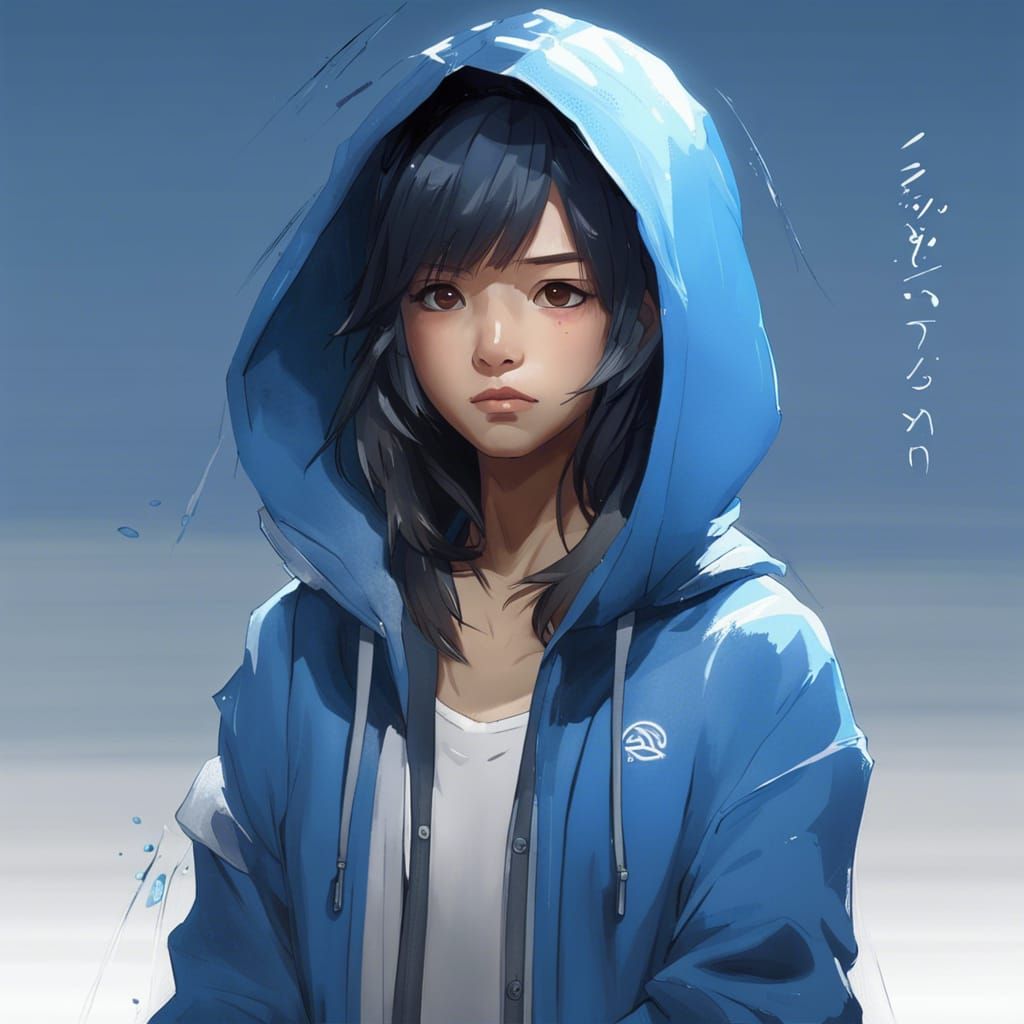 Anime-Style Portrait of Model in Blue Hoodie