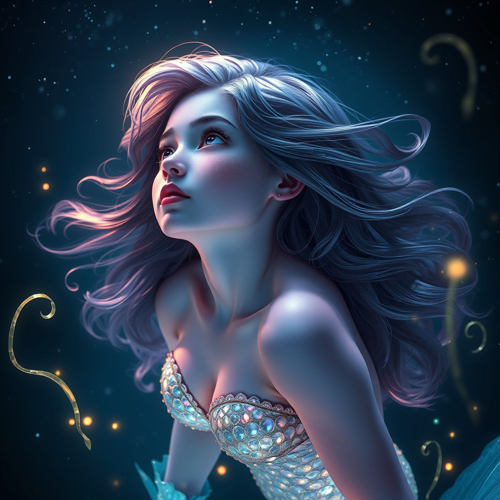 Luminous Mermaid in Starry Abyss: Art Nouveau Style
