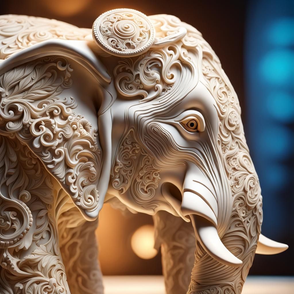 Intricate Ivory Elephant Carving in Splash Art Style