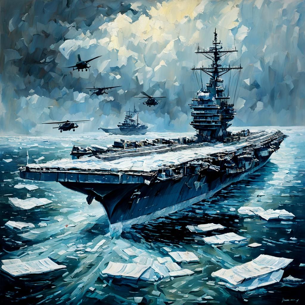 Aircraft Carrier in Melting Arctic Sea Oil Painting