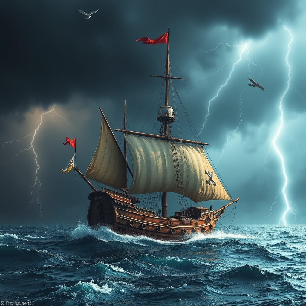 a pirate sloop in a thunderstorm