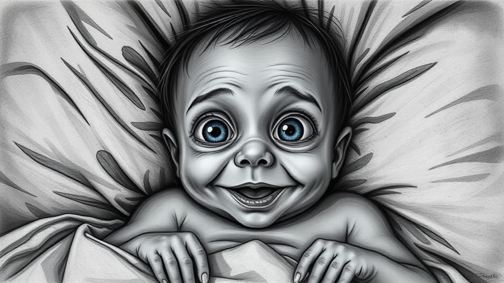 Creepy Baby with Large Eyes: Charcoal Drawing