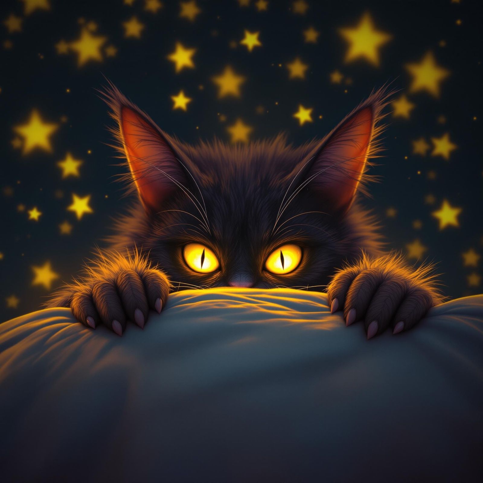 Whimsical Guilty Eyes Peep from Under a Duvet in a Vibrant N...