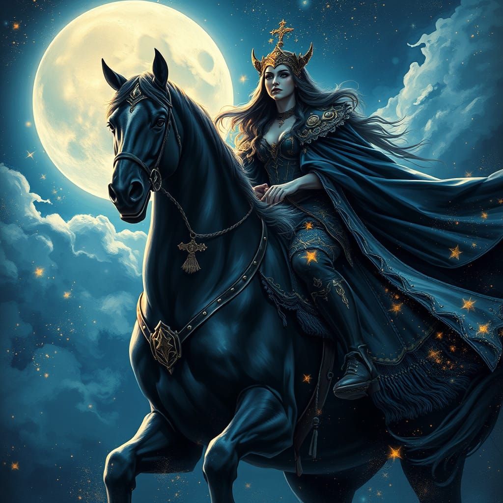 Ethereal Goddess Rides Starlit Steed