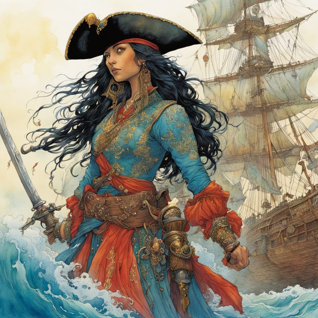 Pirate Queen in Vibrant Watercolour Ink
