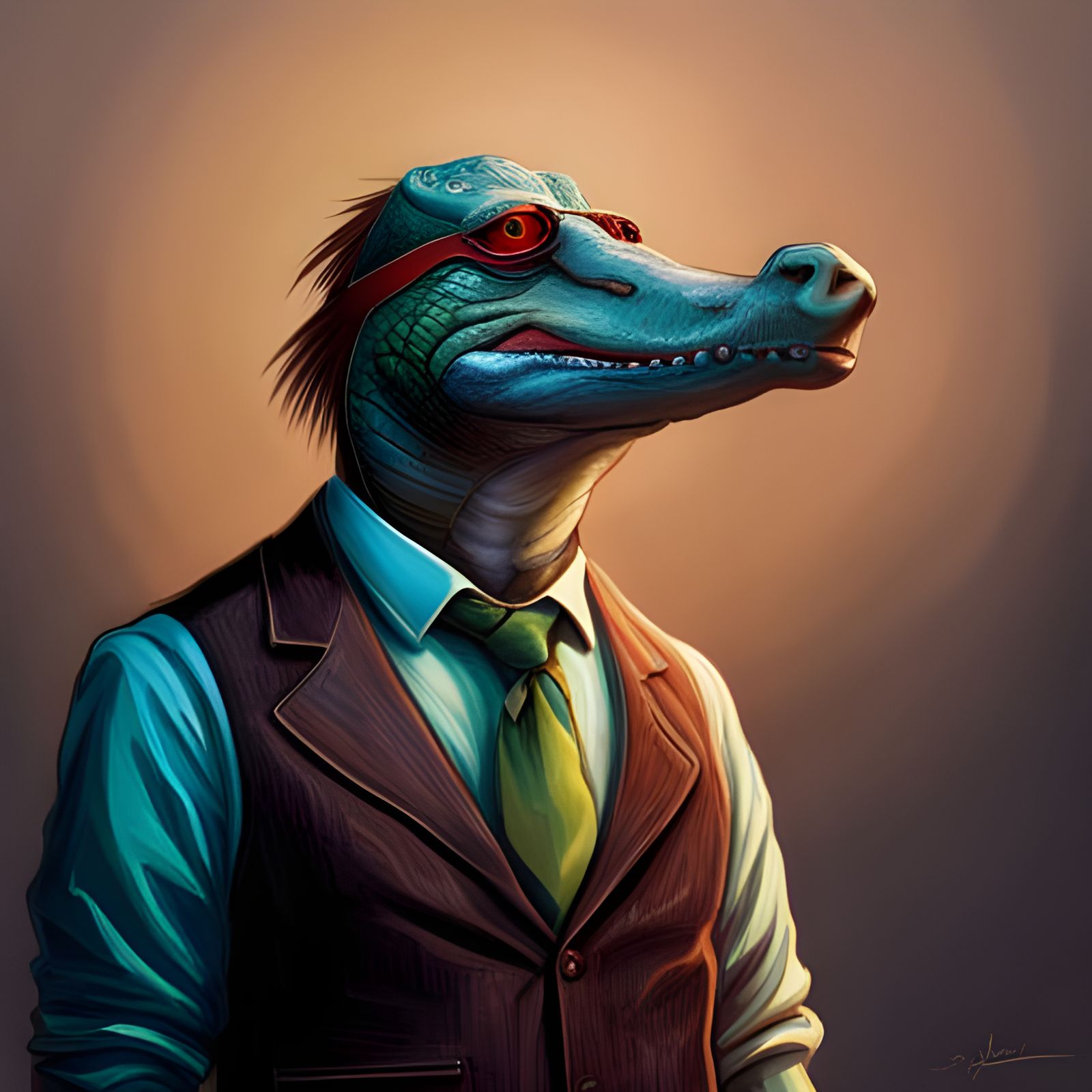 Hyperrealistic Alligator Detective in Colorful Splash Art