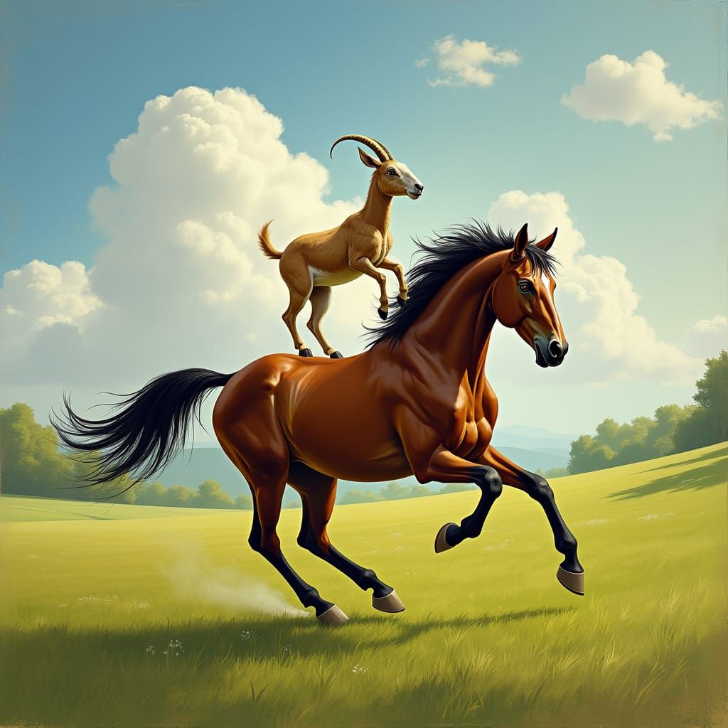 Majestic Horse Gallops in Whimsical Field with Goat Jockey