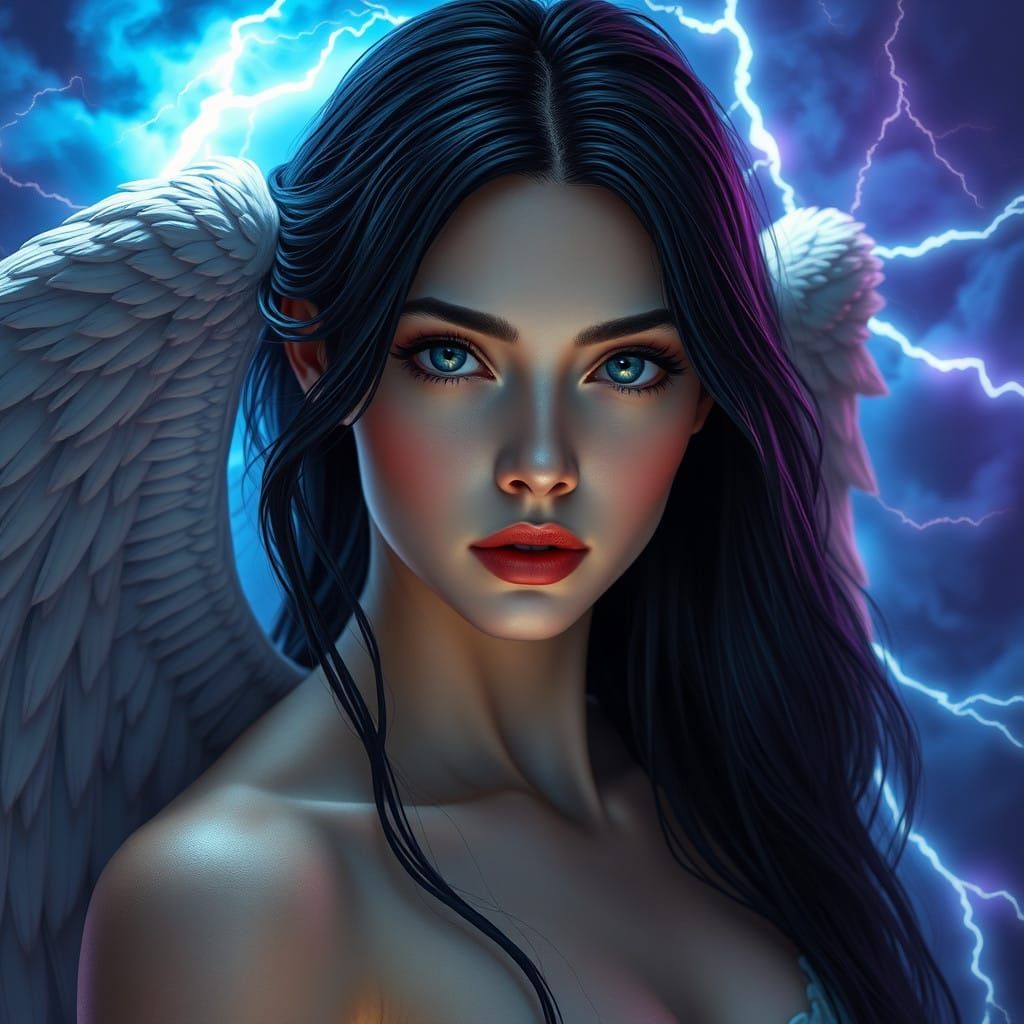 Fallen Angel Goddess in Turbulent Stormy Skies with Lightnin...