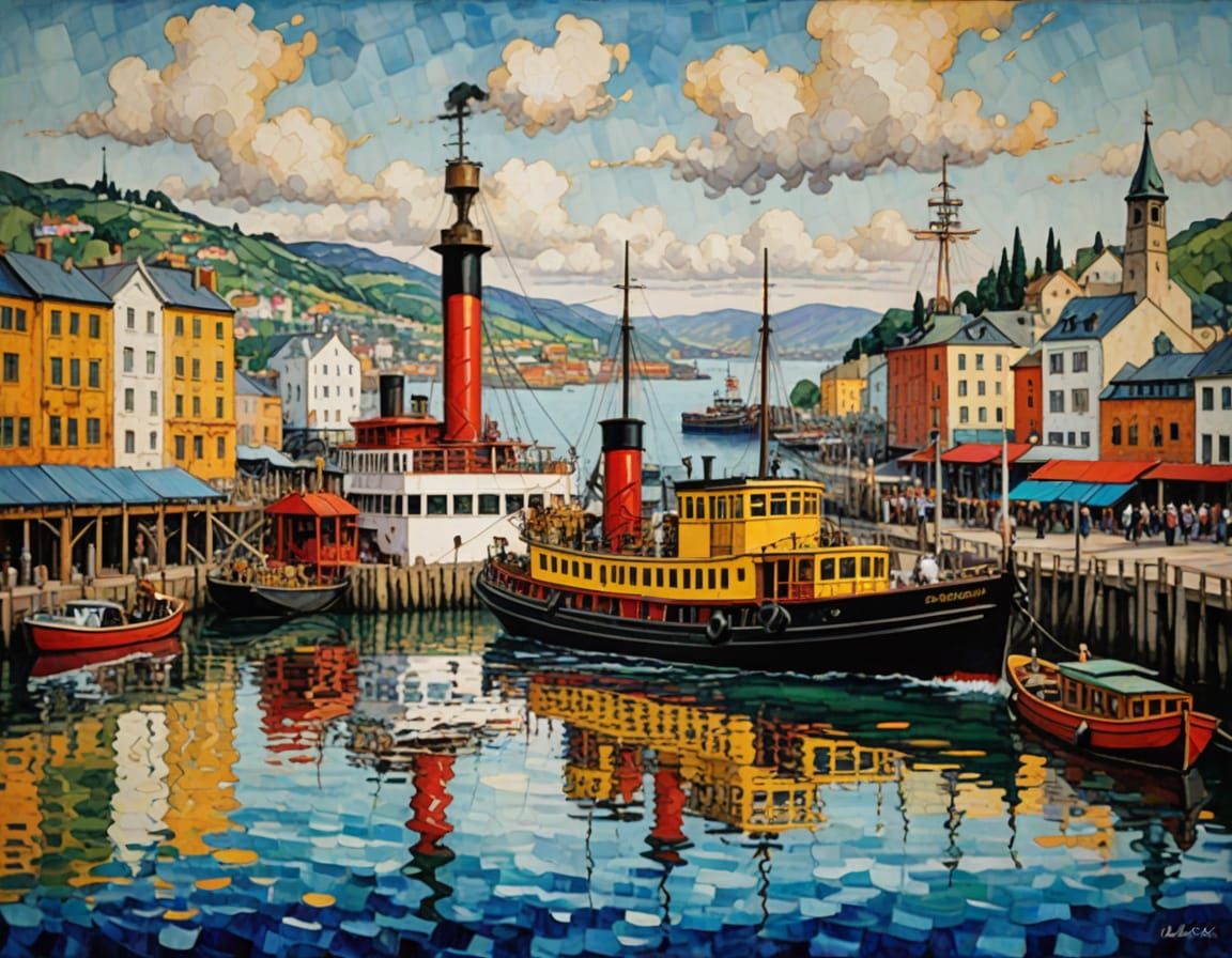 Steamboat and Paddle Steamer in Vibrant Harbour Encaustic Pa...
