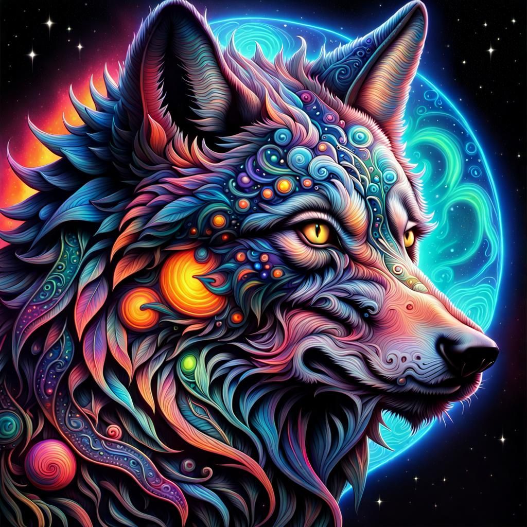 Cosmic Mystical Wolf in Neon Colors