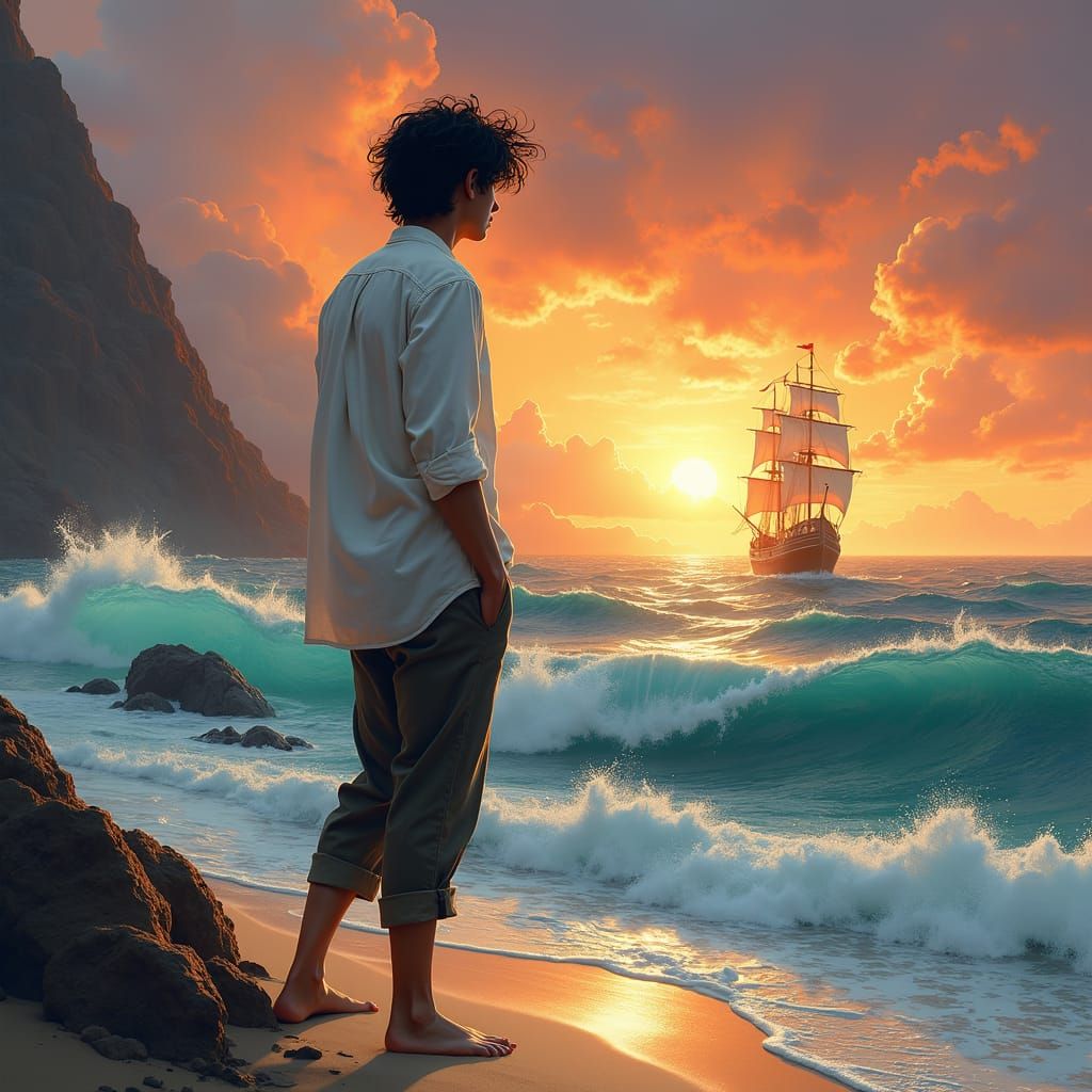Contemplative Man Gazes at Sunset Ship, Digital Matte Painti...
