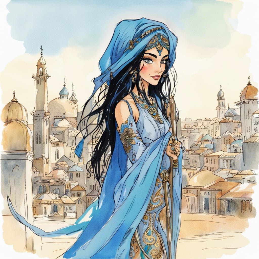 Ornate Portrait of Arabian Elf in Fantasy Setting